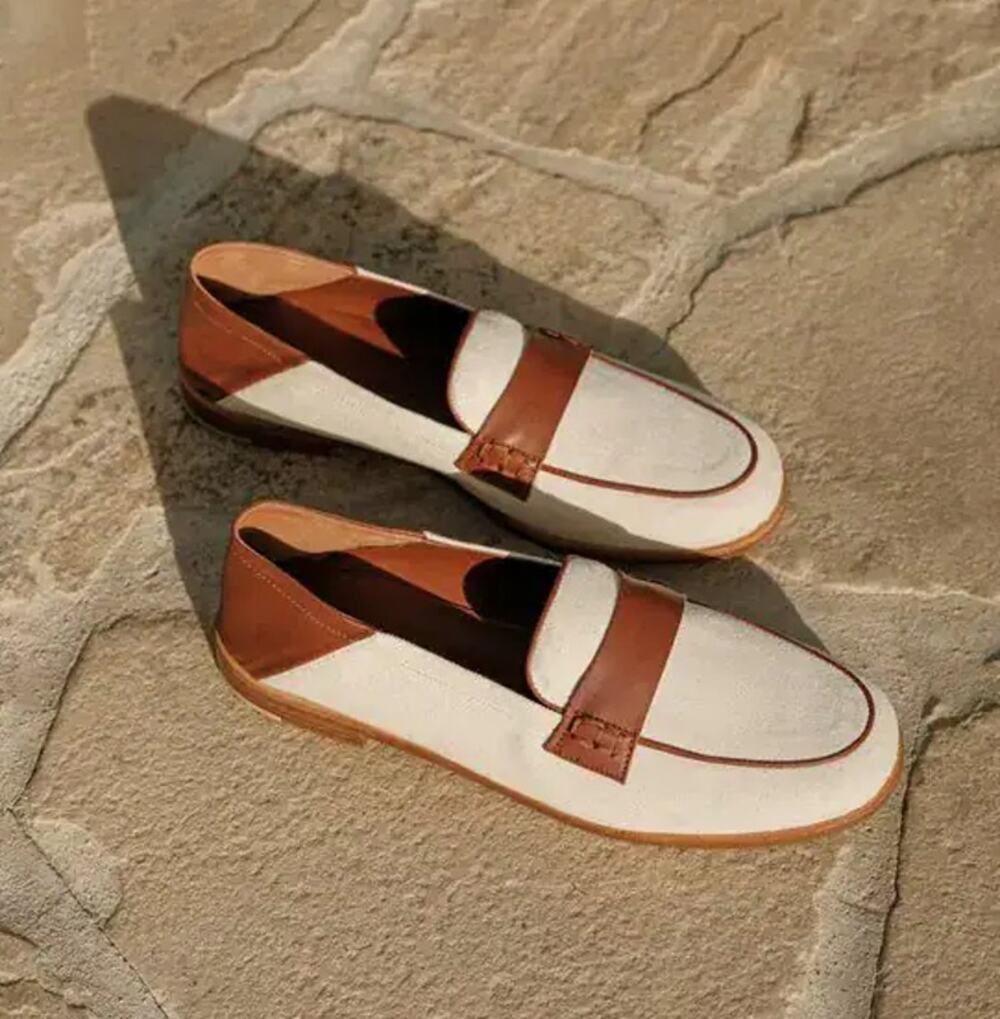 Jenni Kayne Ivory Canvas Leather Trim Embellished Loafer Size 38 US 8 $445